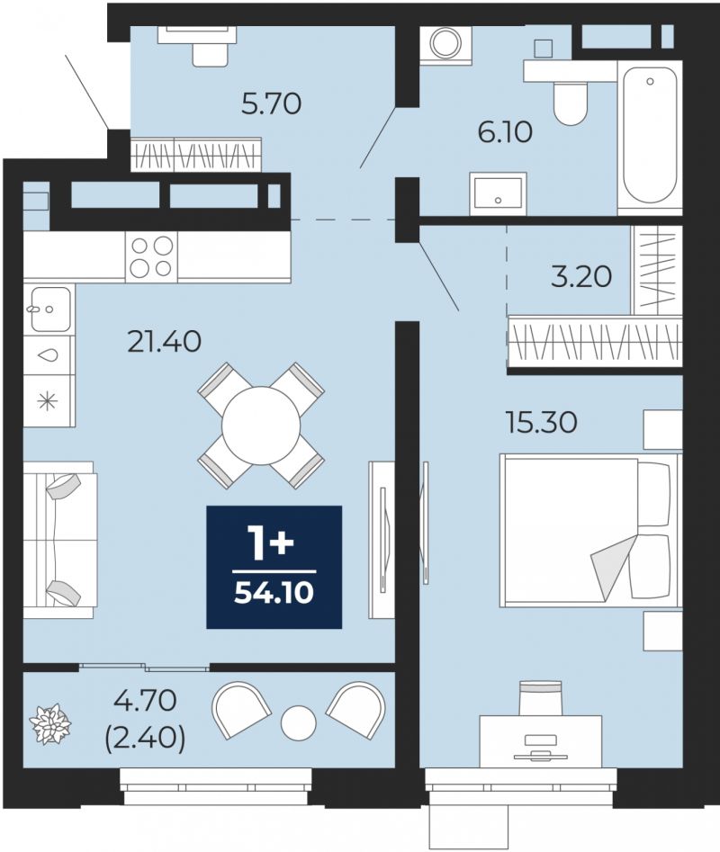 Планировка 1-комн. квартира, 54.1 м² — ЖК «Айвазовский»