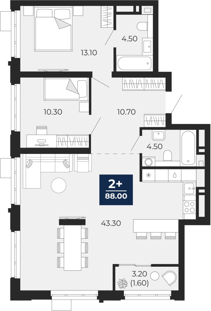 Планировка 2-комн. квартира, 88 м² — ЖК «Айвазовский»