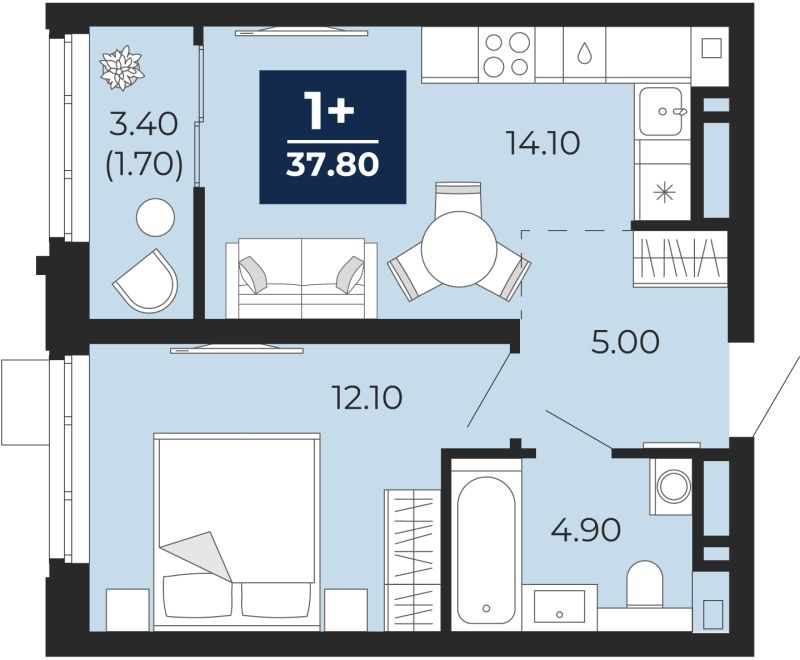 Планировка 1-комн. квартира, 37.8 м² — ЖК «Айвазовский»