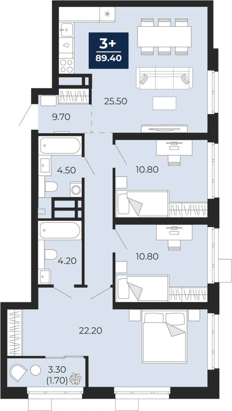 Планировка 3-комн. квартира, 89.4 м² — ЖК «Айвазовский»