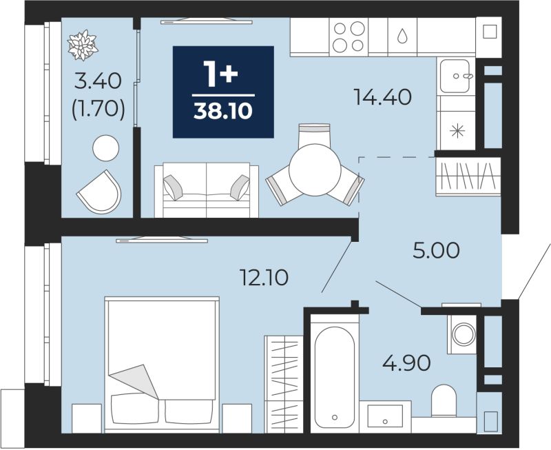 Планировка 1-комн. квартира, 38.1 м² — ЖК «Айвазовский»