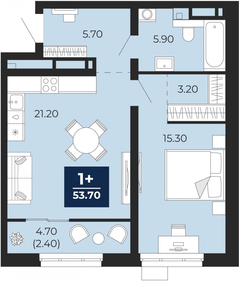 Планировка 1-комн. квартира, 53.7 м² — ЖК «Айвазовский»