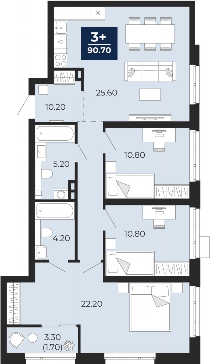 Планировка 3-комн. квартира, 90.7 м² — ЖК «Айвазовский»