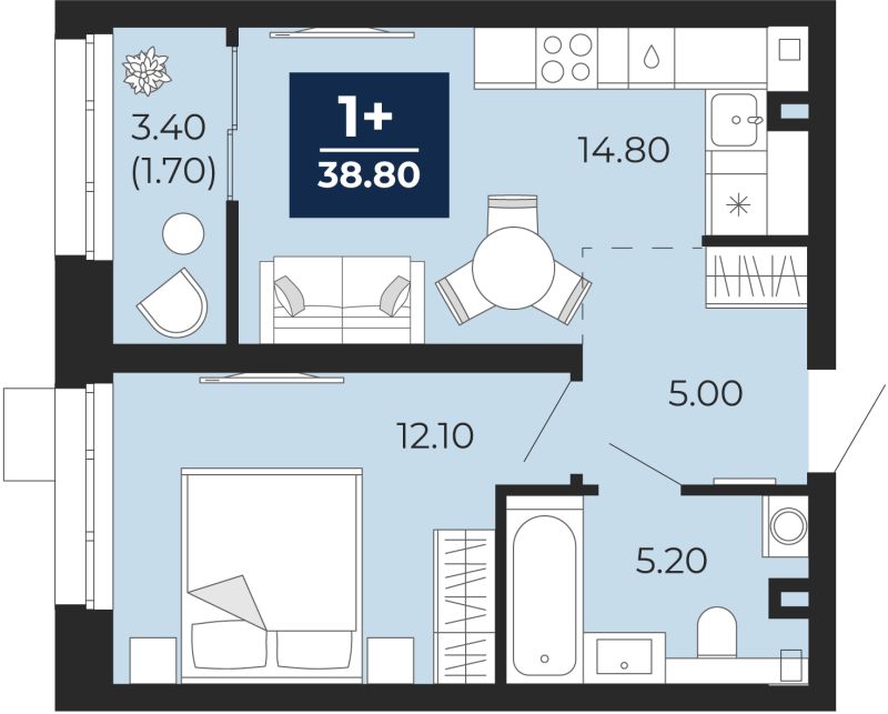Планировка 1-комн. квартира, 38.8 м² — ЖК «Айвазовский»