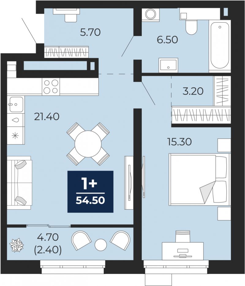 Планировка 1-комн. квартира, 54.5 м² — ЖК «Айвазовский»