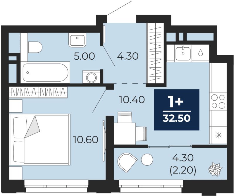Планировка 1-комн. квартира, 32.5 м² — ЖК «Айвазовский»