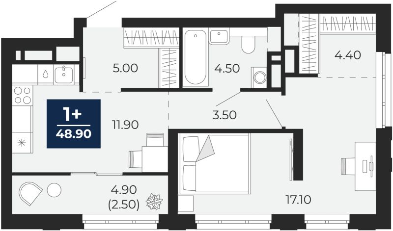 Планировка 1-комн. квартира, 48.9 м² — ЖК «Айвазовский»