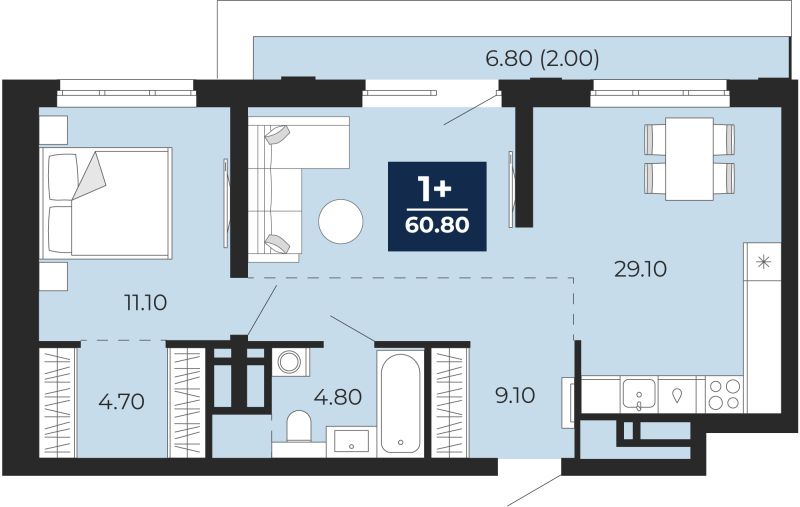 Планировка 1-комн. квартира, 60.8 м² — ЖК «Айвазовский»
