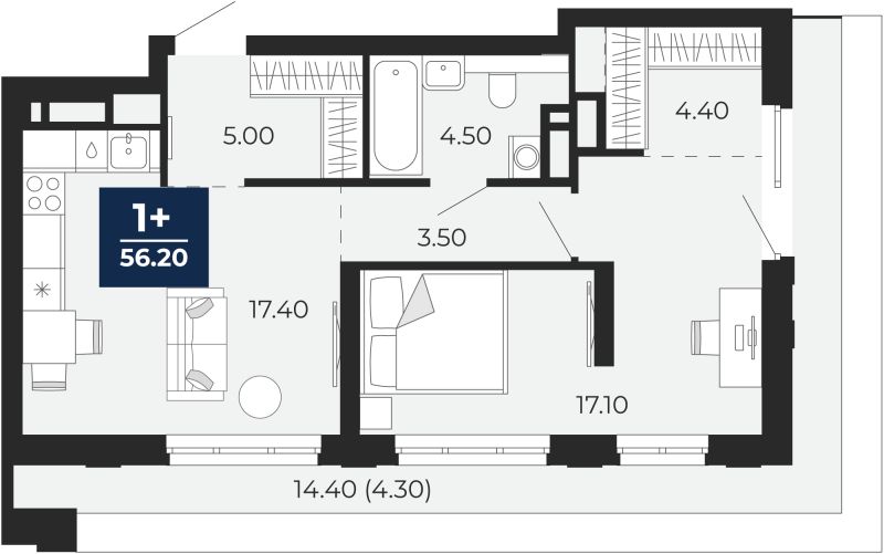 Планировка 1-комн. квартира, 56.2 м² — ЖК «Айвазовский»