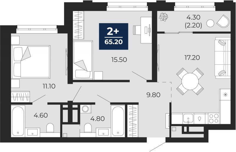 Планировка 2-комн. квартира, 65.2 м² — ЖК «Айвазовский»