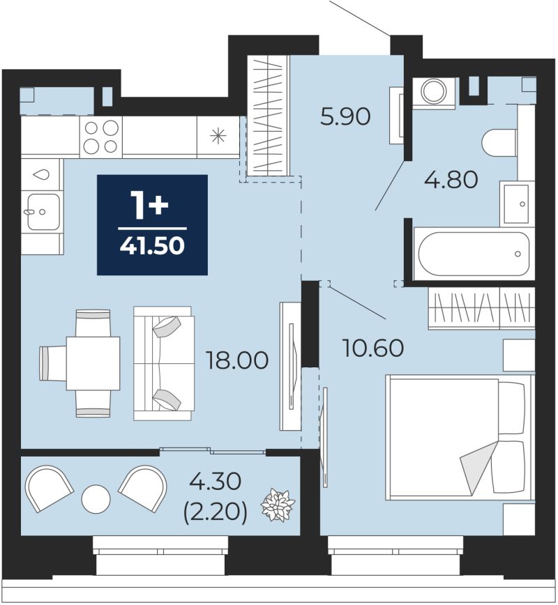 Планировка 1-комн. квартира, 41.5 м² — ЖК «Айвазовский»
