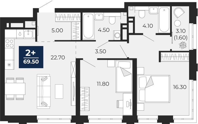 Планировка 2-комн. квартира, 69.5 м² — ЖК «Айвазовский»
