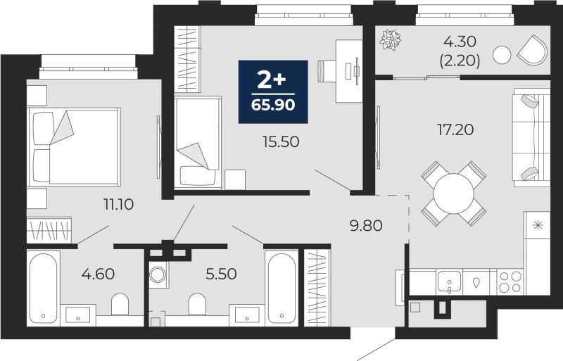 Планировка 2-комн. квартира, 65.9 м² — ЖК «Айвазовский»