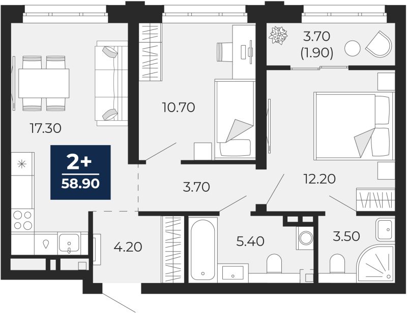 Планировка 2-комн. квартира, 58.9 м² — ЖК «Айвазовский»