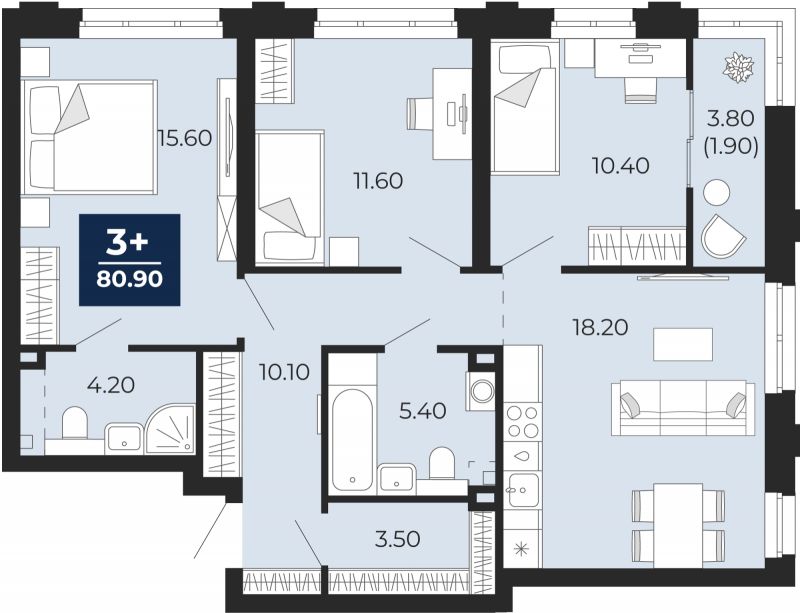 Планировка 3-комн. квартира, 80.9 м² — ЖК «Айвазовский»