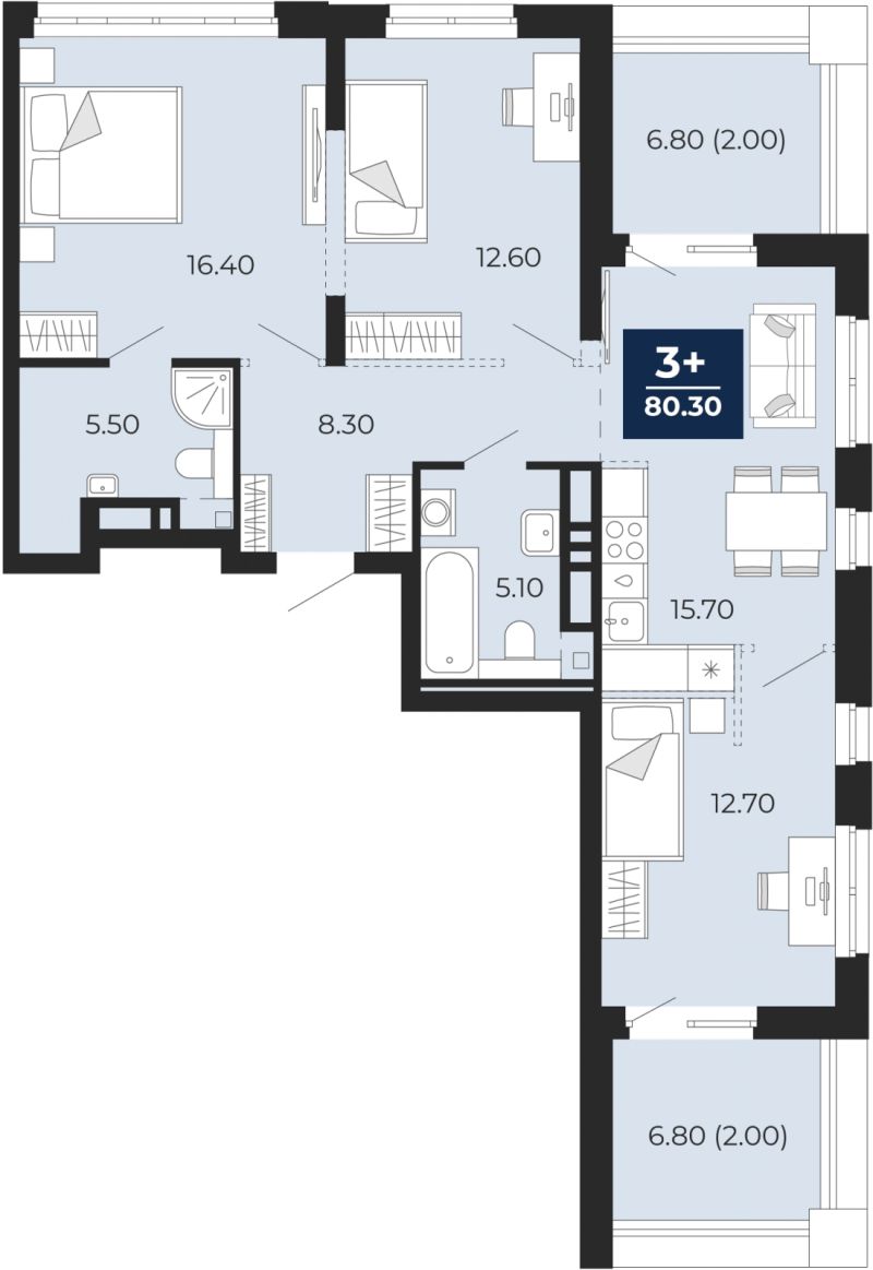 Планировка 3-комн. квартира, 80.3 м² — ЖК «Айвазовский»