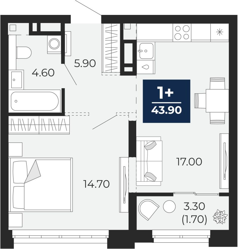Планировка 1-комн. квартира, 43.9 м² — ЖК «Айвазовский»