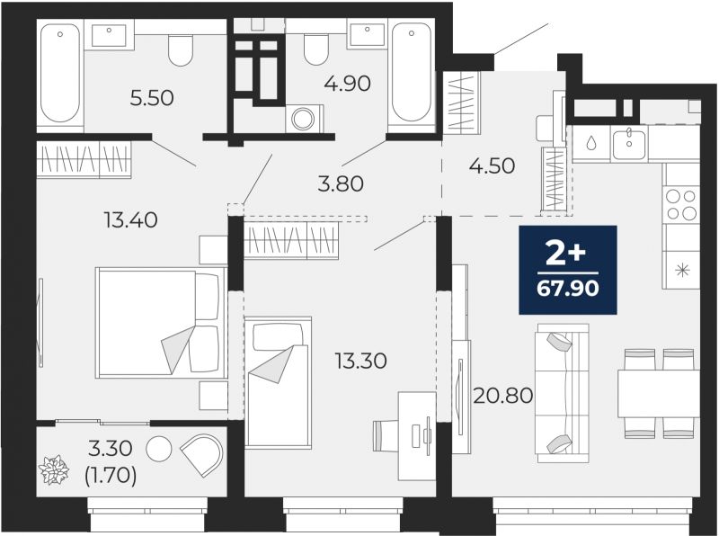 Планировка 2-комн. квартира, 67.9 м² — ЖК «Айвазовский»