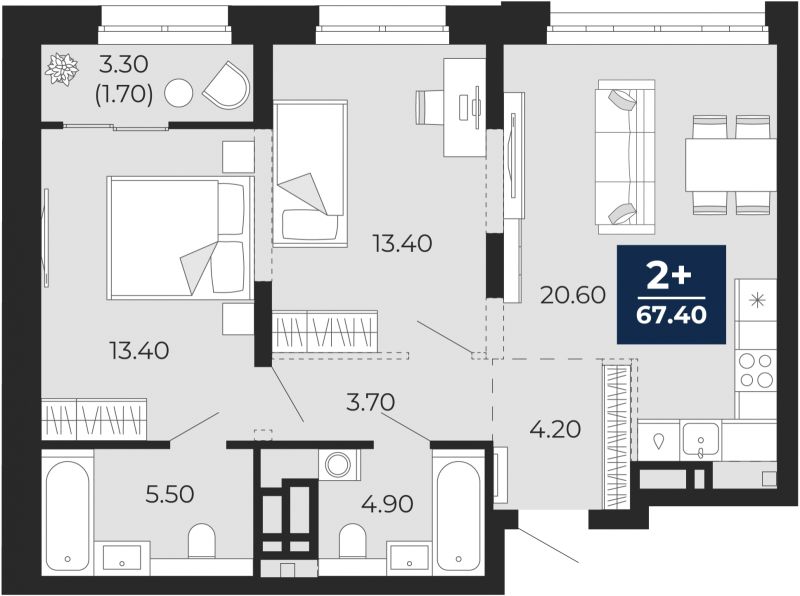 Планировка 2-комн. квартира, 67.4 м² — ЖК «Айвазовский»