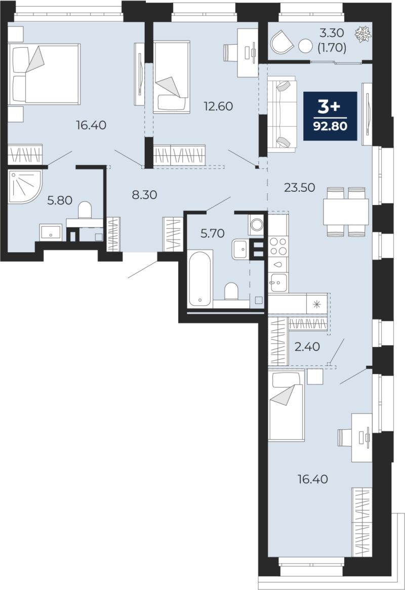 Планировка 3-комн. квартира, 92.8 м² — ЖК «Айвазовский»