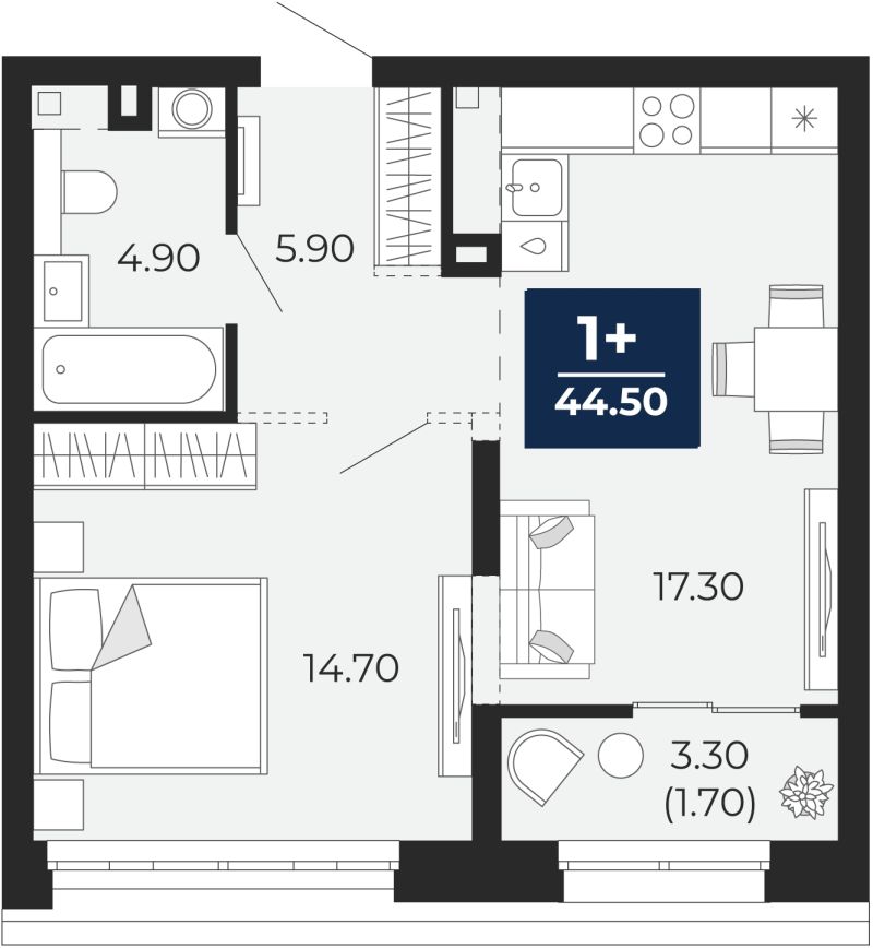 Планировка 1-комн. квартира, 44.5 м² — ЖК «Айвазовский»