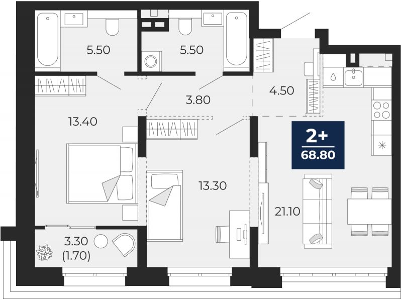 Планировка 2-комн. квартира, 68.8 м² — ЖК «Айвазовский»