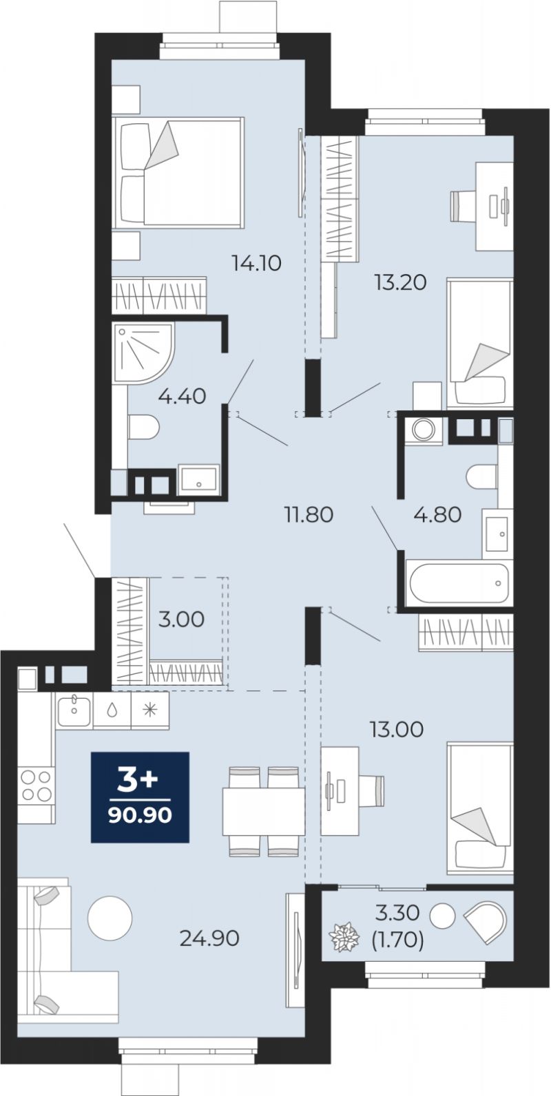 Планировка 3-комн. квартира, 90.9 м² — ЖК «Айвазовский»