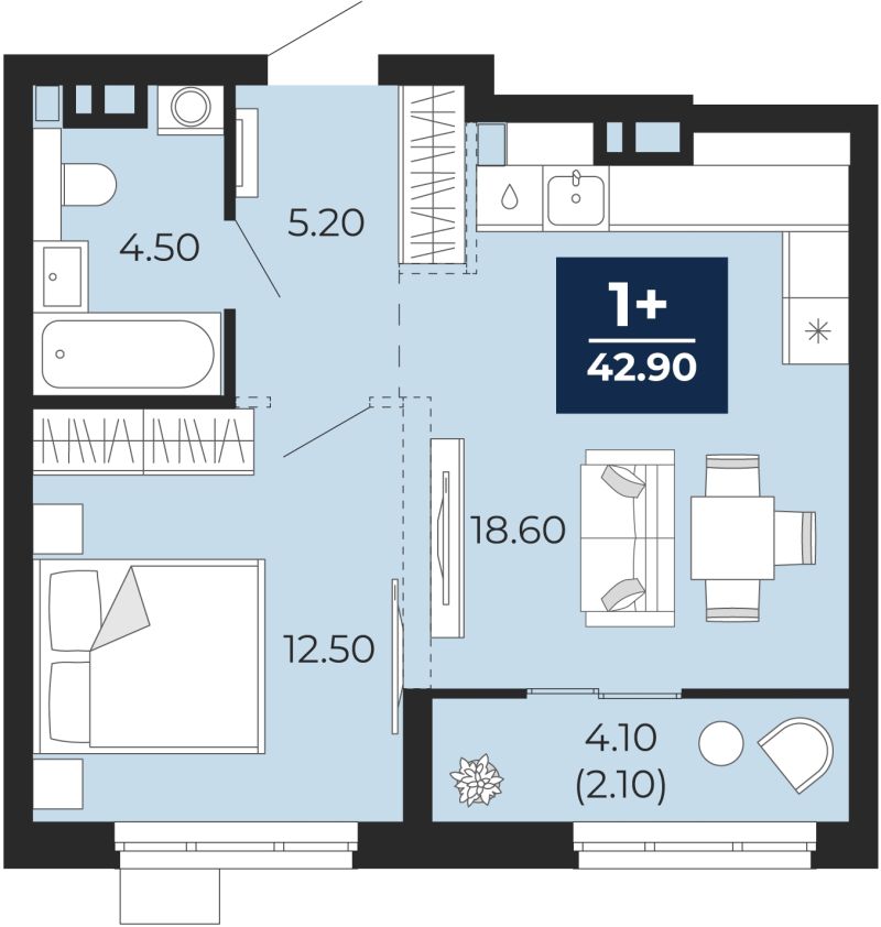 Планировка 1-комн. квартира, 42.9 м² — ЖК «Айвазовский»