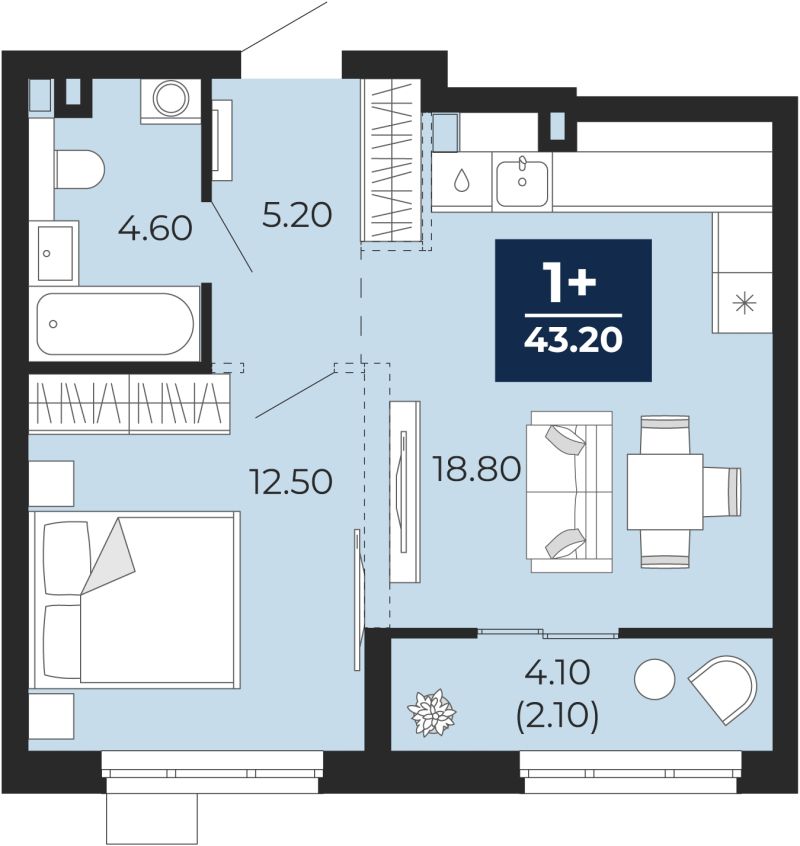 Планировка 1-комн. квартира, 43.2 м² — ЖК «Айвазовский»
