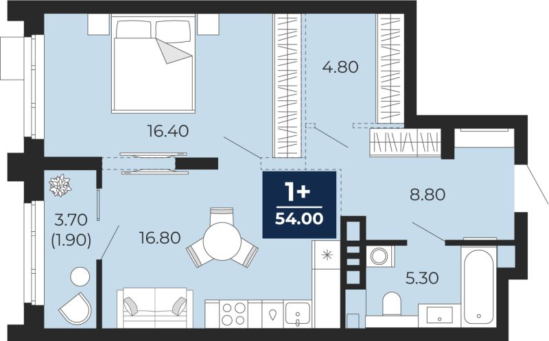 Планировка 1-комн. квартира, 54 м² — ЖК «Айвазовский»