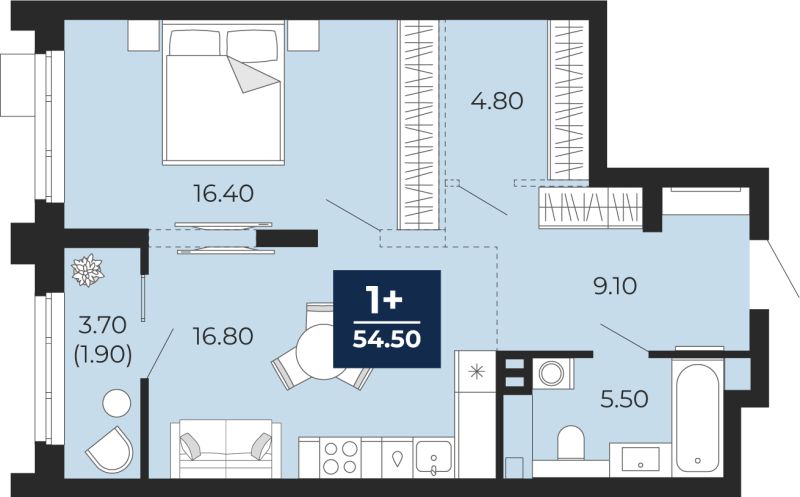 Планировка 1-комн. квартира, 54.5 м² — ЖК «Айвазовский»