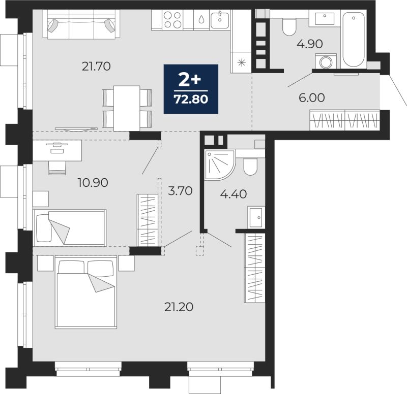 Планировка 2-комн. квартира, 72.8 м² — ЖК «Айвазовский»