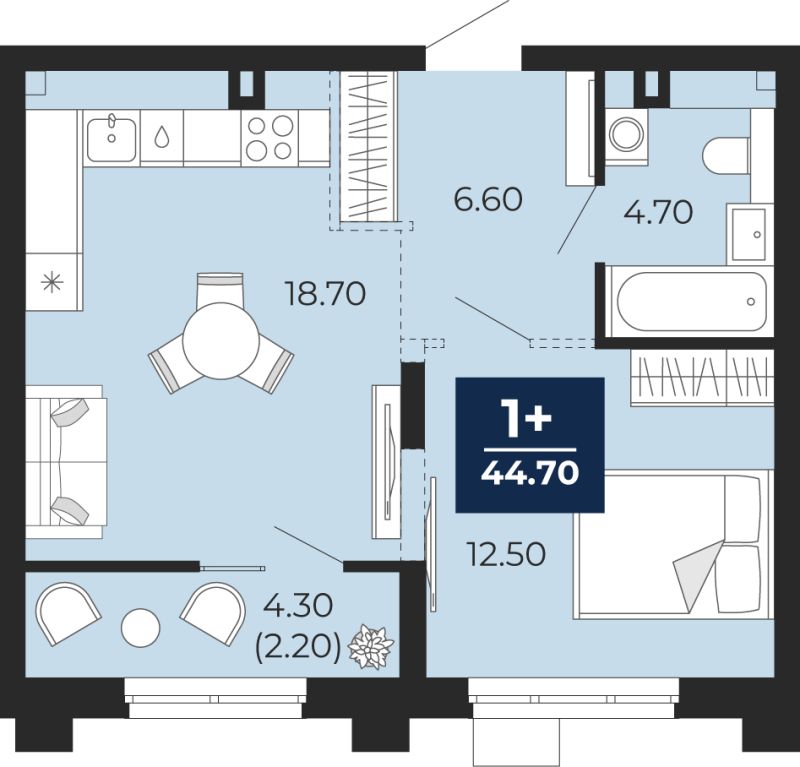 Планировка 1-комн. квартира, 44.7 м² — ЖК «Айвазовский»