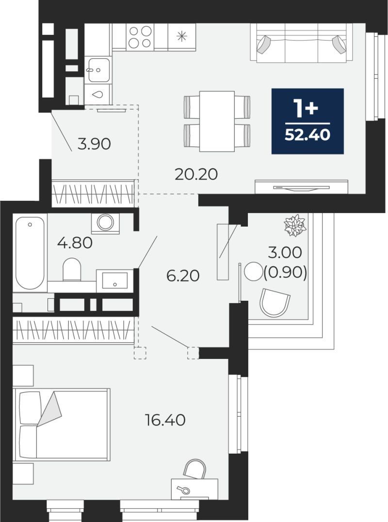 Планировка 1-комн. квартира, 52.4 м² — ЖК «Айвазовский»
