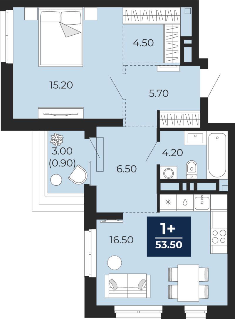 Планировка 1-комн. квартира, 53.5 м² — ЖК «Айвазовский»
