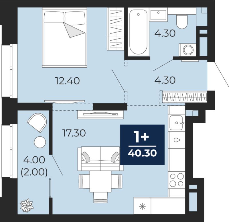 Планировка 1-комн. квартира, 40.3 м² — ЖК «Айвазовский»