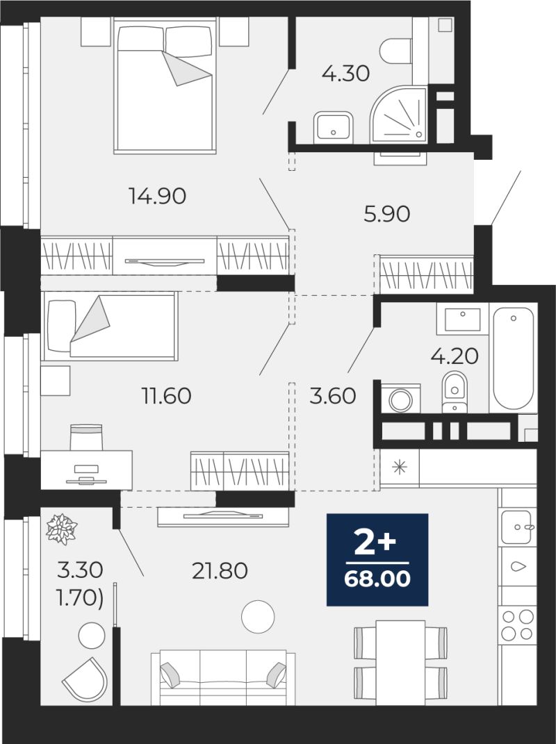 Планировка 2-комн. квартира, 68 м² — ЖК «Айвазовский»