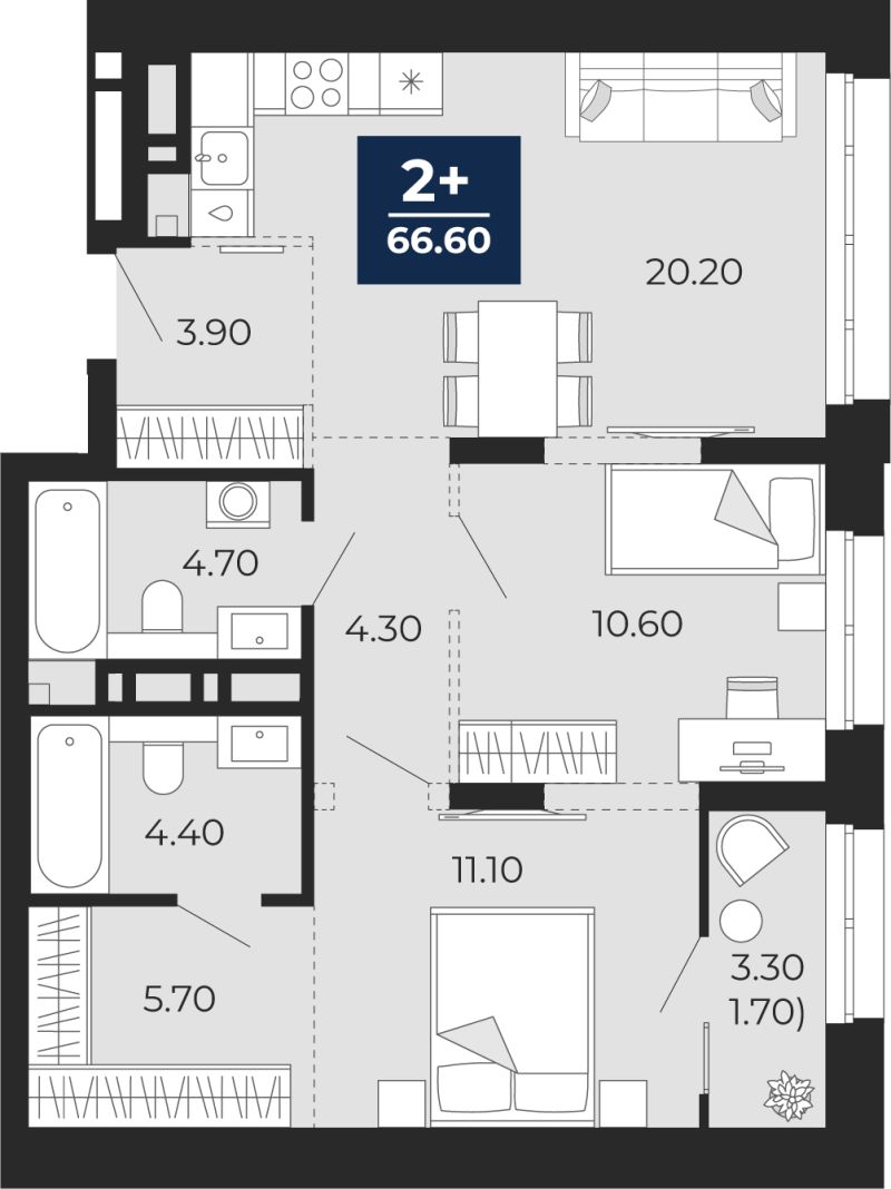 Планировка 2-комн. квартира, 66.6 м² — ЖК «Айвазовский»