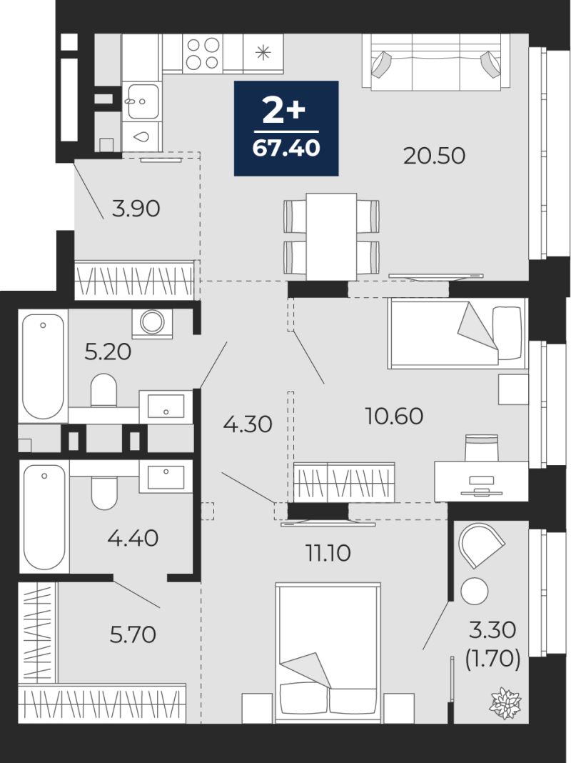 Планировка 2-комн. квартира, 67.4 м² — ЖК «Айвазовский»