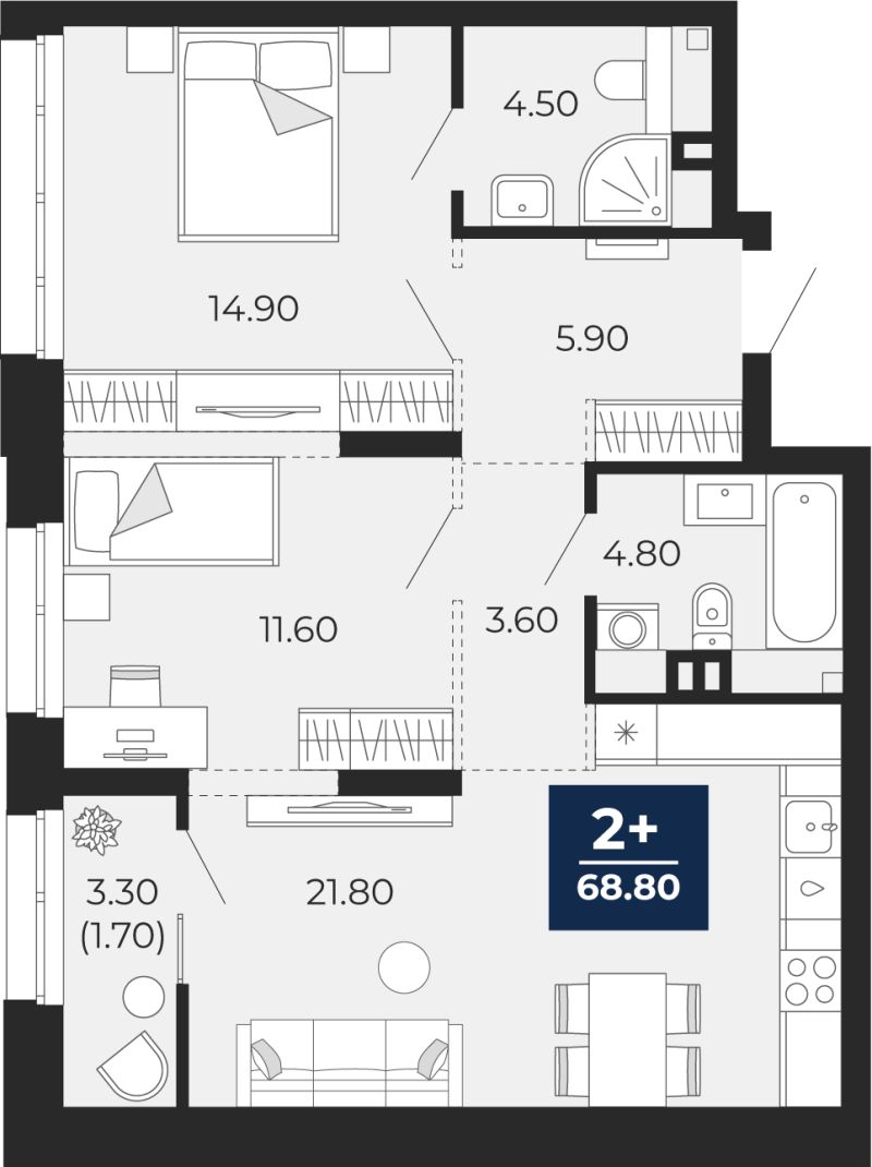 Планировка 2-комн. квартира, 68.8 м² — ЖК «Айвазовский»