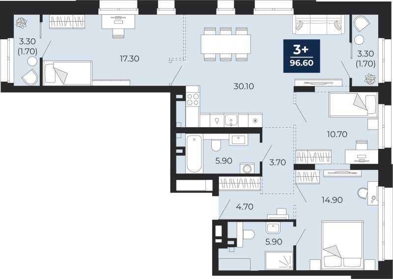 Планировка 3-комн. квартира, 96.6 м² — ЖК «Айвазовский»