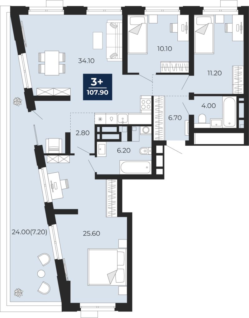Планировка 3-комн. квартира, 107.9 м² — ЖК «Айвазовский»