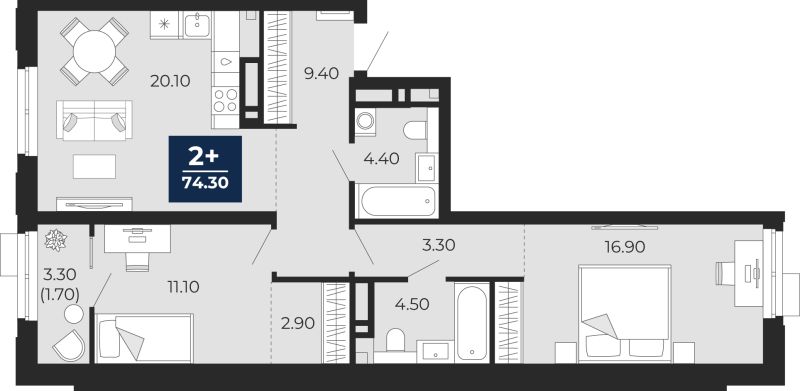 Планировка 2-комн. квартира, 74.2 м² — ЖК «Айвазовский»
