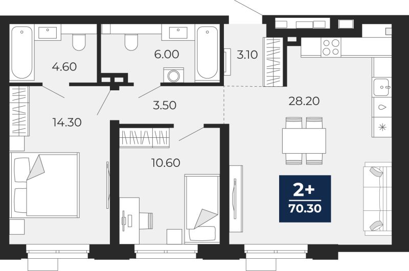 Планировка 2-комн. квартира, 70.3 м² — ЖК «Айвазовский»