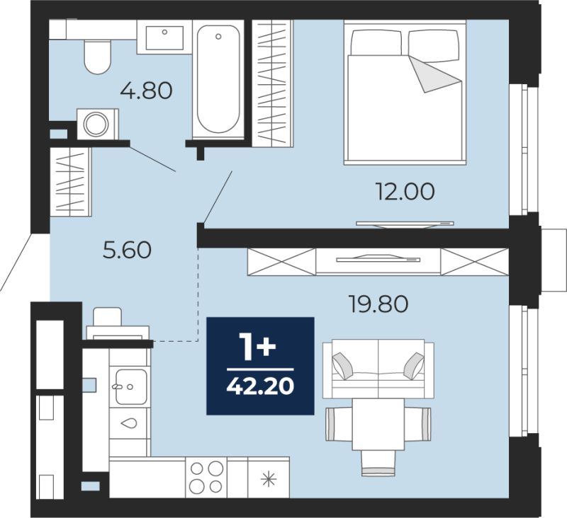 Планировка 1-комн. квартира, 42.2 м² — ЖК «Айвазовский»