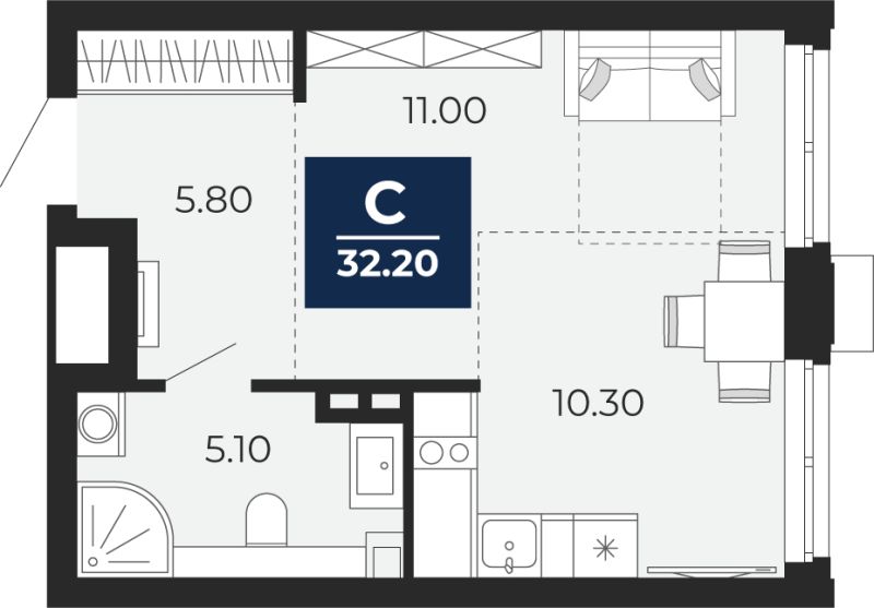 Планировка 1-комн. квартира, 32.2 м² — ЖК «Айвазовский»