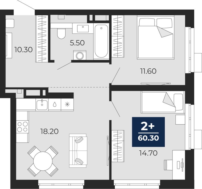 Планировка 2-комн. квартира, 60.3 м² — ЖК «Айвазовский»