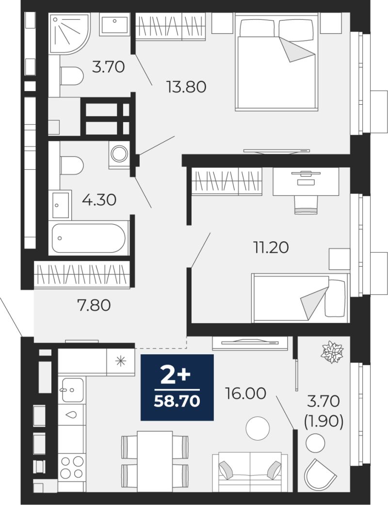Планировка 2-комн. квартира, 58.7 м² — ЖК «Айвазовский»