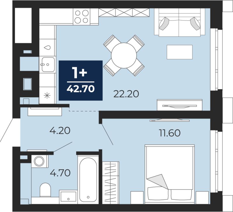 Планировка 1-комн. квартира, 42.7 м² — ЖК «Айвазовский»