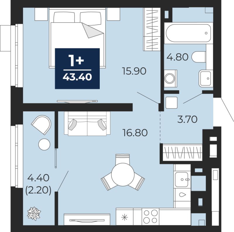 Планировка 1-комн. квартира, 43.4 м² — ЖК «Айвазовский»